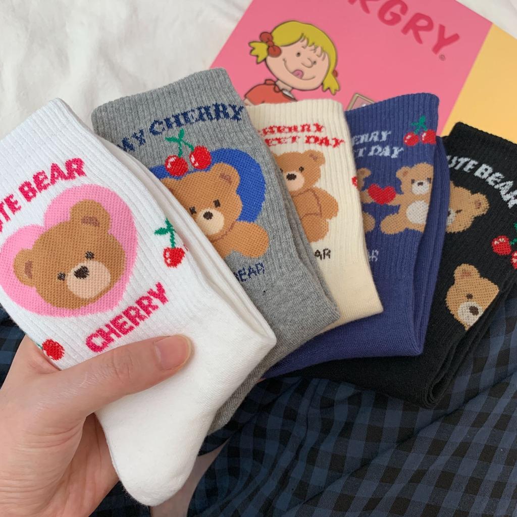 Björnsockor Dam Mellanhöga Trendig Tjej Söt Mönster Illustration Tecknad Par Mellanhöga Sockor