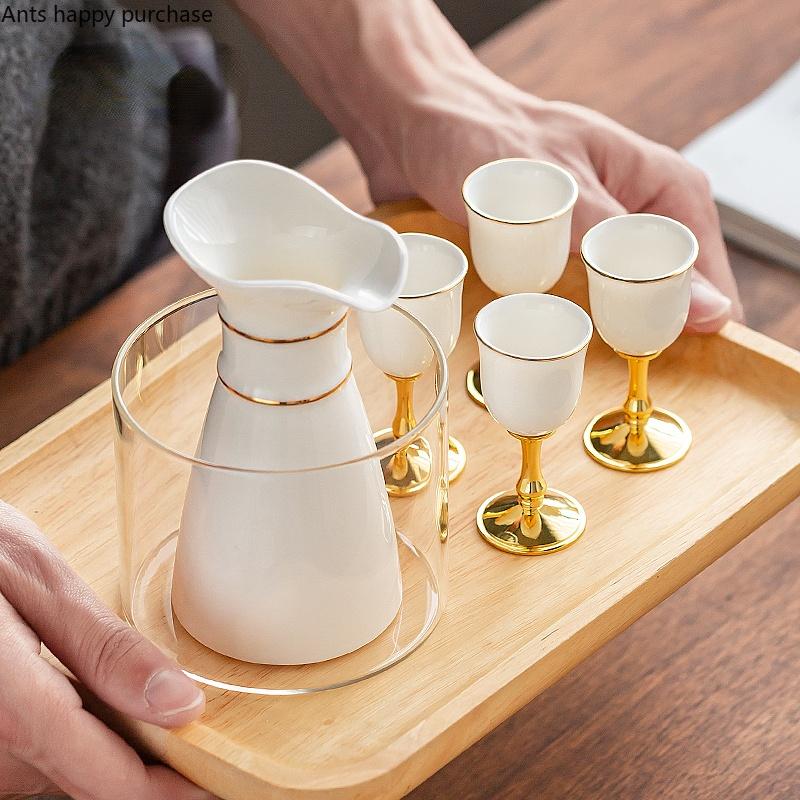 Chinese White Ceramic Wine Glass Set Wine Warmer Shot Glass Hip Flasks White Wine Glass Goblet Wine Dispenser Wine Set Gift Box