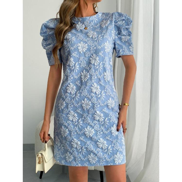 Women Summer Vintage Dresses Textured Jacquard Round Neck Bubble Sleeve New Style
