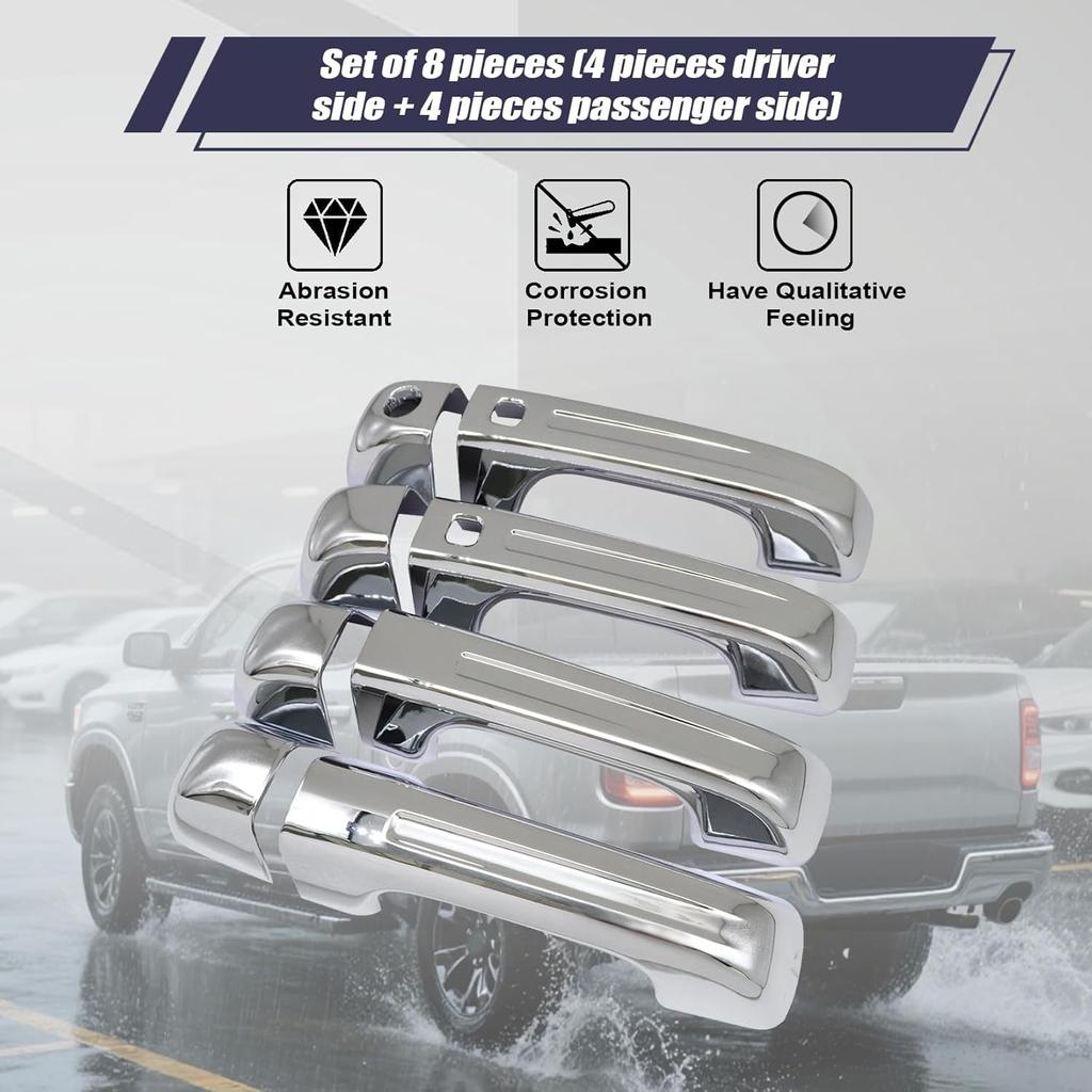4 Pcs Chrome Door Handle Covers With 2 Front Smart Keyholes Cutout Compatible with 2019-2024 Ram 1500 4DR Model