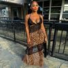 Women Sleeveless Leopard Print Lace Trim Bodycon Long Dress Multi Colors