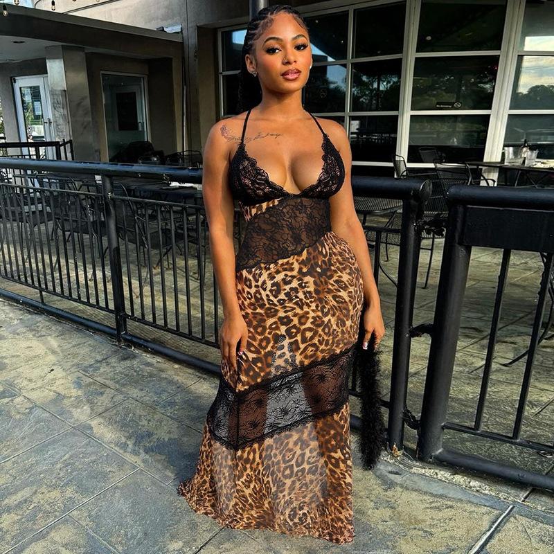 Women Sleeveless Leopard Print Lace Trim Bodycon Long Dress Multi Colors