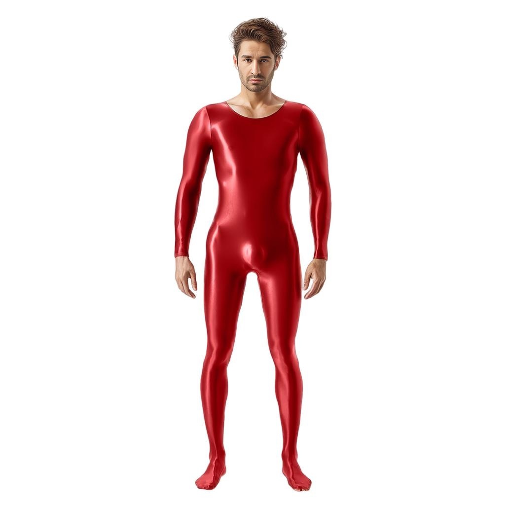 Mens Oil Glossy Bodystocking Full Bodysuit Long Sleeve Unitard Jumpsuits Stretchy Sheer Silky Romper Club Party Workout Onesie