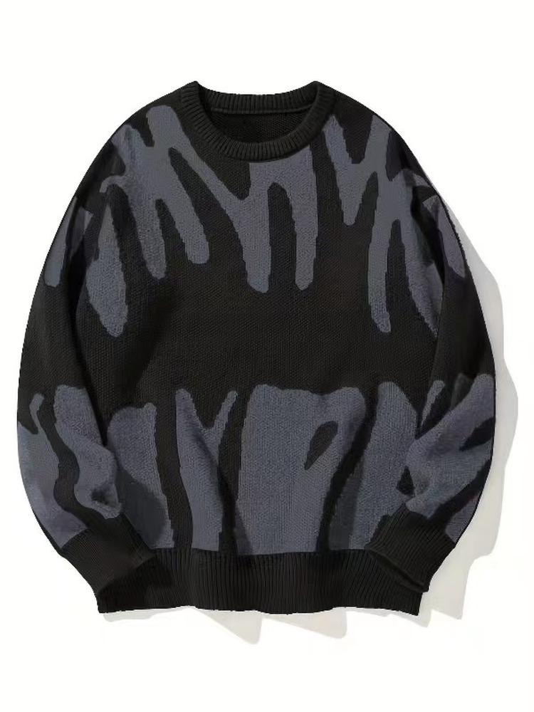 Fashion Loose Printed Knitted Sweater Autumn Korean Style Jacquard Knit Sweaters Casual Simple Round Neck Tops Pullover Casual Long Sleeve Clothing