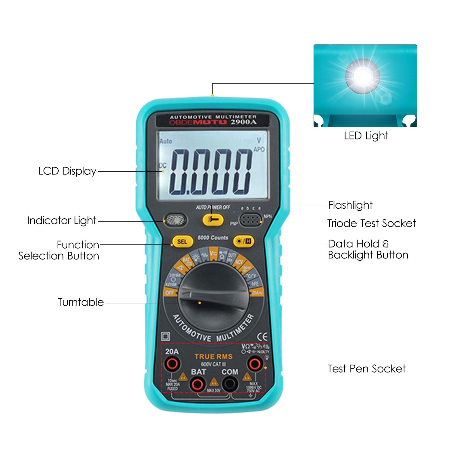 

6000 Count LCD Digital Automotive Multimeter True RMS Universal Tester with Flashlight різнокольоровий