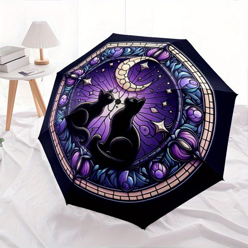 1pc a Portable Umbrella Featuring a Stained Glass Design of a Cat And Moon: A Folding Umbrella for All Seasons,Built with a Sturdy Iron Fram