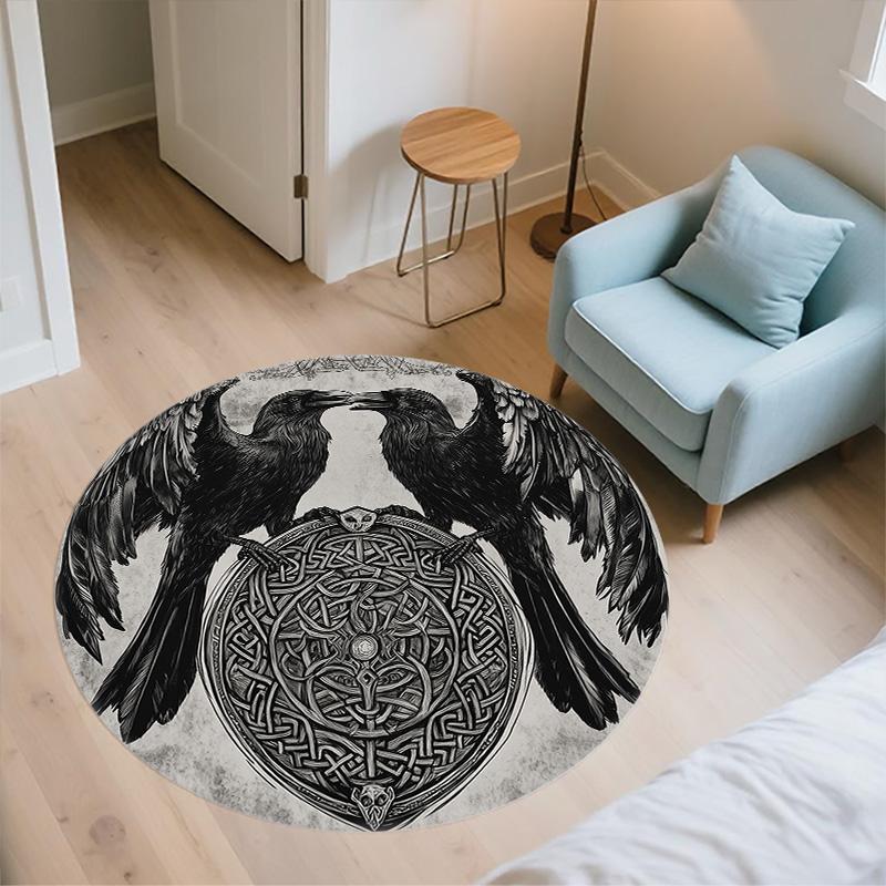 Two Crows with Runes,Round Area Rug,Carpet Rug for Living Room Bedroom Sofa Playroom Decor,Non-slip Floor Mat