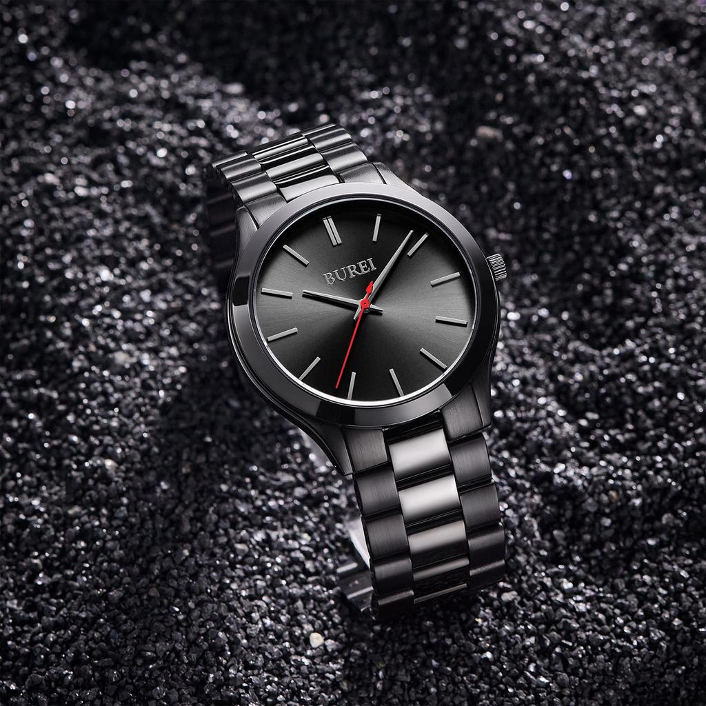 BUREI Men's Analog Quartz Watch Simple Waterproof Black Business Casual Stylish Popular Gentleman Watch Gift Red (Red Second Hand)