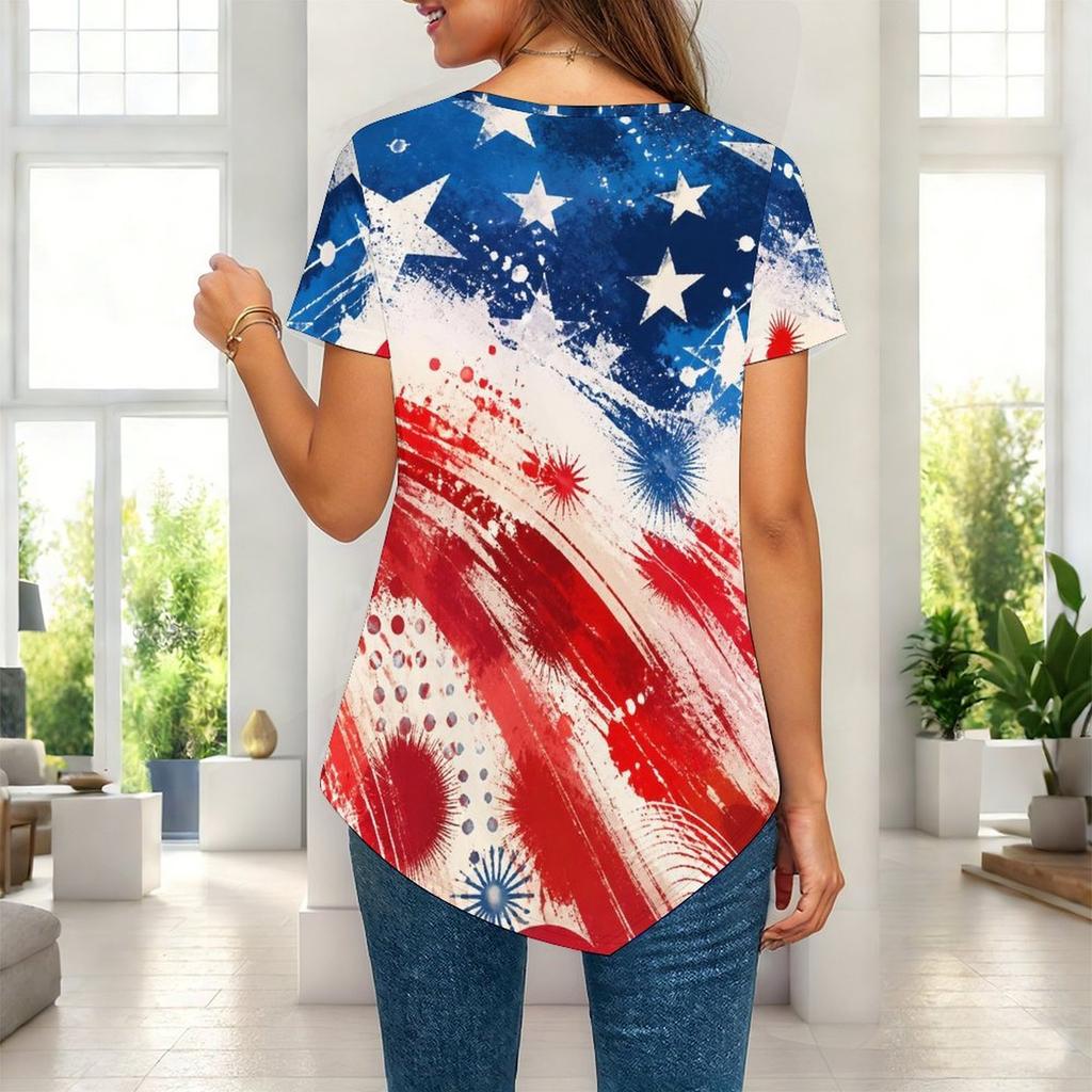 Women Plus Size Short Sleeve Asymmetric Hem Top Multi Point Star Sparkle Patriotic Print Blouse