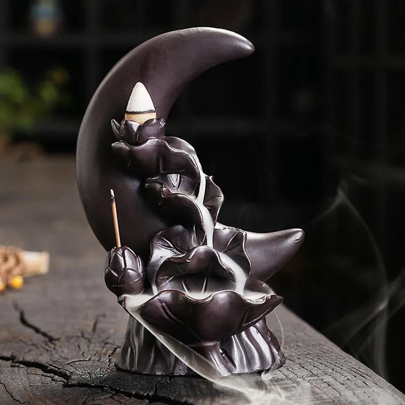 Zen Decorative Moon & Lotus Waterfall Backflow Incense Burner Incense Sticker Holder Home Decor Creative Home Aromatherapy Gift