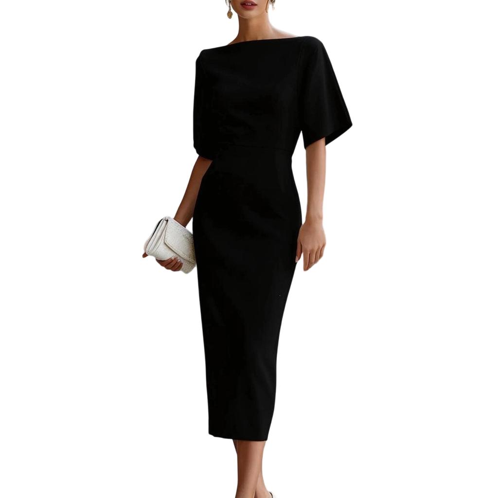Damen Midi-Kleid Schlanke Passform Taillendesign Elegantes Bateau-Ausschnitt Kurzarm Formelles Kleid für Büro Party Abendgarderobe