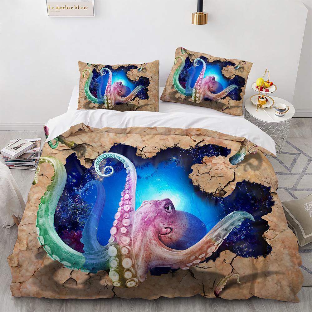 3D Octopus Duvet Cover King Queen Size Cute Cartoon Ocean Animal Bedding Set For Kids Teens Sealife 2/3pcs Polyester Quilt Cover