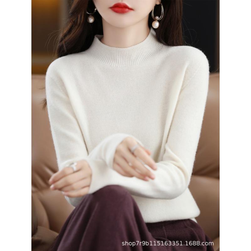 Autumn and winter new pure wool sweater women's semi-turtleneck first-line ready-to-wear wool sweater knitted sweater loose and thin bottoming shirt