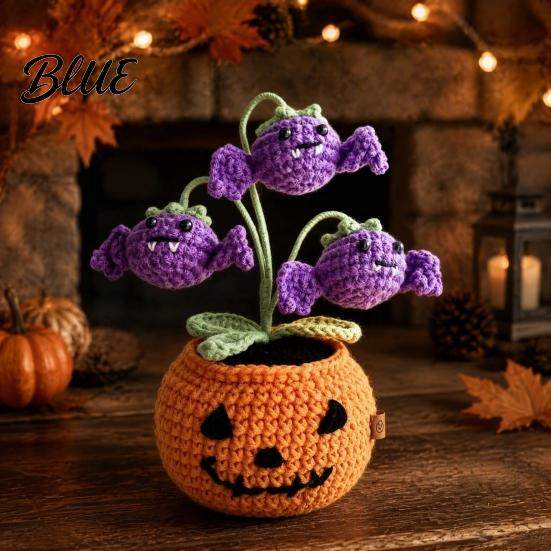 Handmade Crochet Pumpkin Decor Pumpkin Halloween Ornament with Cute Ghost Bat Festive Home Accents for Flowers Planter Plant Tabletop Decoration