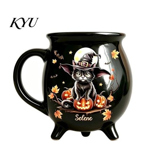 Široké ucho Stabilní základna Čarodějnický hrnek na kávu s designem třínožkového kotlíku, Protiskluzový keramický Novinka Party Favors Halloween Hrneček, Objem 370 ml