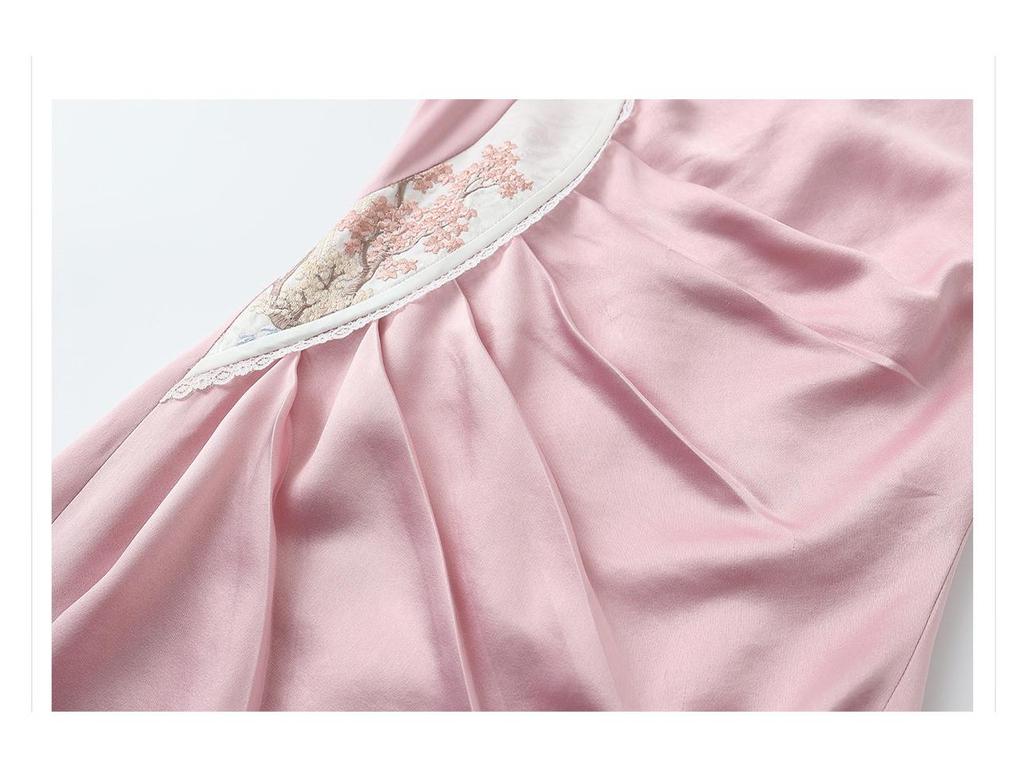 New Summer Purple Embroidered Stand Collar Pleated Cheongsam Dress for Women
