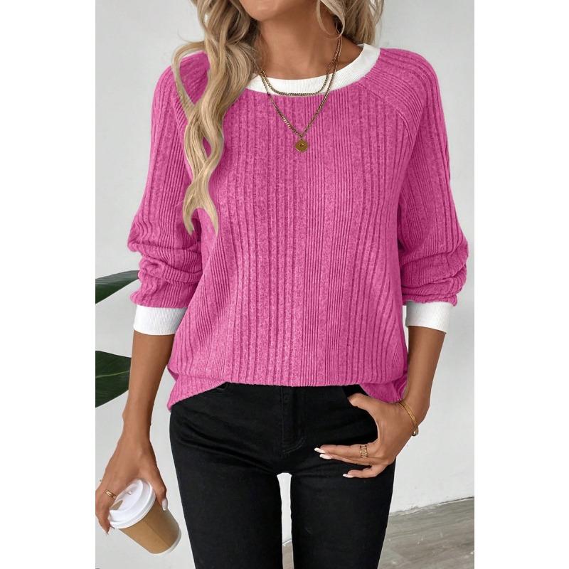 Women Color Block Crew Neck Ribbed Knit Sweater Solid Pink Raglan Long Sleeve Casual Top