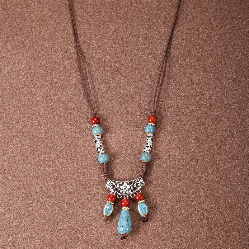 

Ethnic Style Exotic Tassel Forehead Ornament Women s Tibetan Retro Style Forehead Diamond Forehead Lace Bohemia Head Accessories Blue ceramic headdress-necklace dual-use