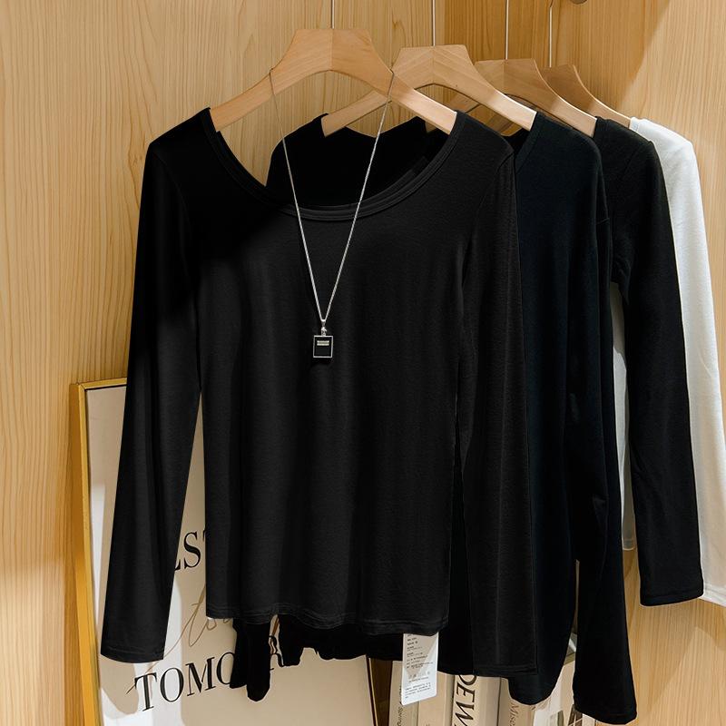 

2026 New Fashionable Round Neck Base Shirt for Women, Spring and Autumn Slim Fit Long Sleeve Top, T-shirt for Layering S чёрный