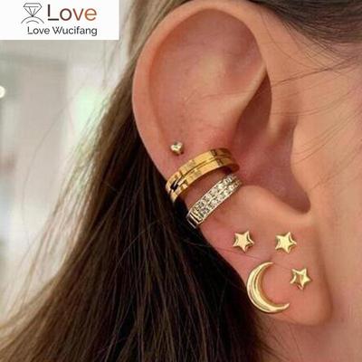 7pcs /Set Minimalist Geometric Mini Star Moon Stud Earrings For Women Rhinestone Earcuff Ear Cartilage Clips Sets Jewelry