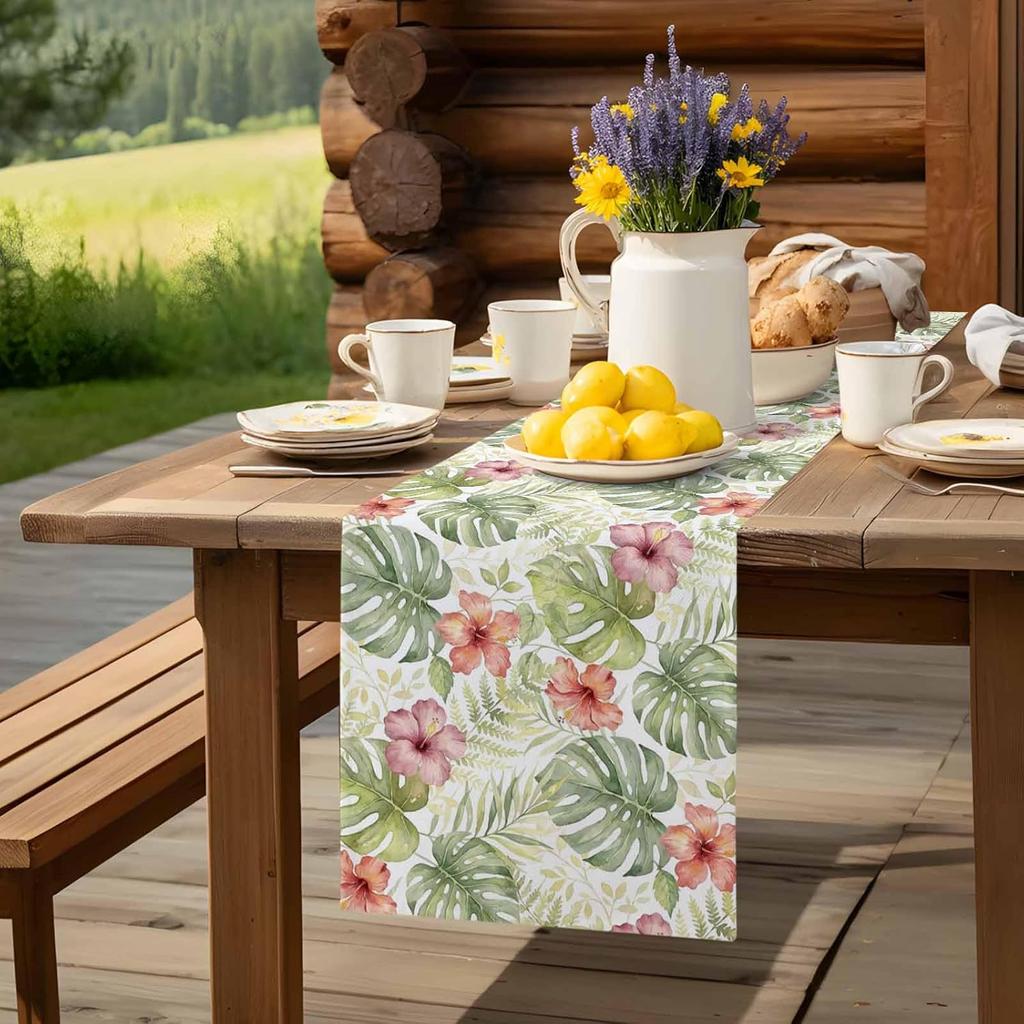 Summer Monstera Leaf Flower Linen Table Runner Holiday Party Decor Reusable Kitchen Dining Table Runner Wedding Decorations