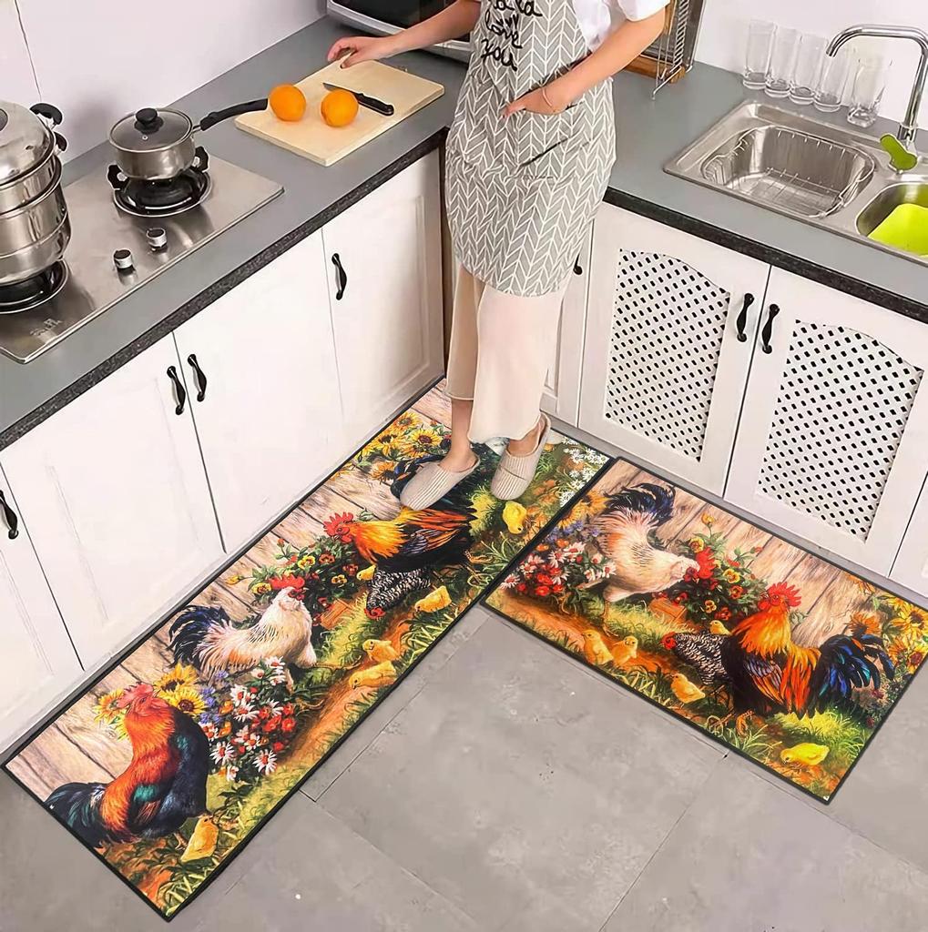 1/2 Pcs Rooster Kitchen Rug Home Decor, Rustic Farmhouse Style Decorative Kitchen Mat, Non-slip Corridor Foot Mat