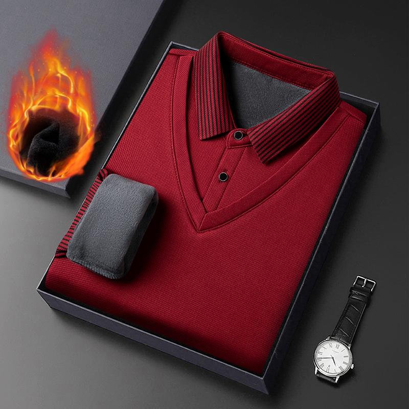 

Long Sleeve T-shirt Shirts Winter Fleece Male Lapel Fake Two-piece Striped Regular Fit Thick Plush Warm Knitted Pullover Men Top M красный