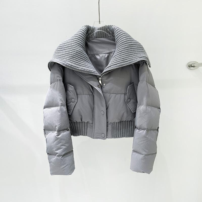 New down jackets for women in autumn and winter, ultra-short foreign style, large lapel neck, knitted splicing, white duck down jacket thickened