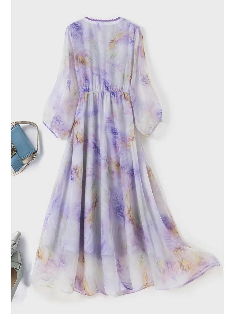 Plus Size Women's Purple Blue Chiffon Tea-Length Dress - Slimming & Flattering, Autumn 2023 Collection