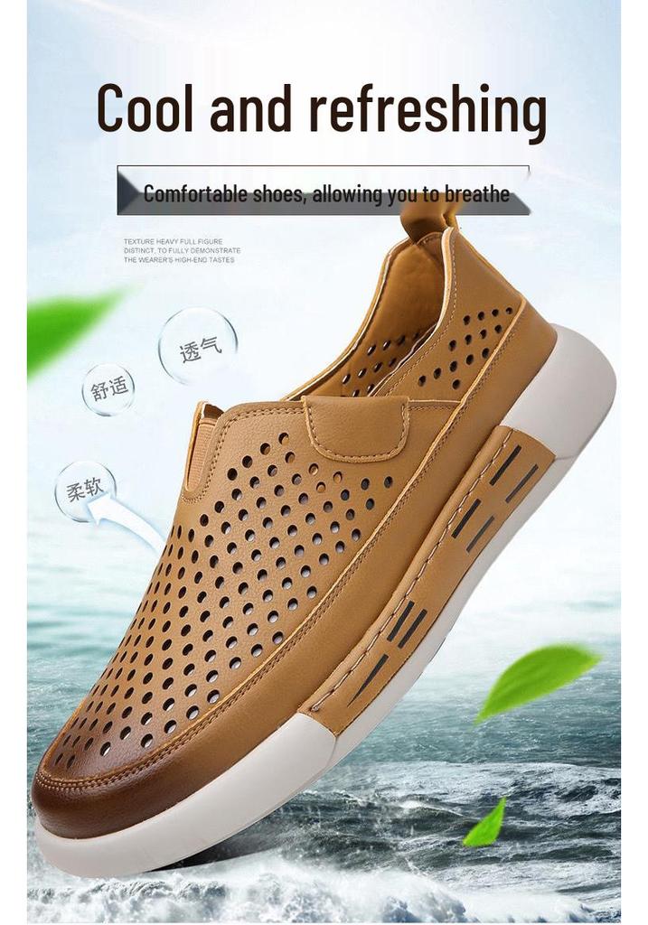 Men's Breathable Leather Slip-On Hollow Casual Sandals