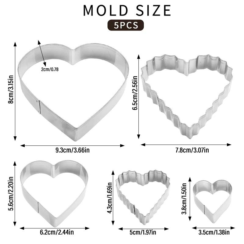 5PCS Heart Shaped Cookie Cutter Set Molds for Valentines Day Cake Baking Tools Stainless Steel Heart Cutter Valentine's Day Gift