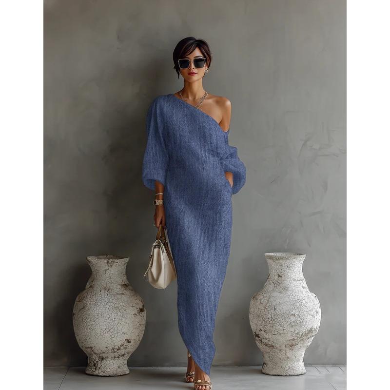 IHUASU Fashion Summer Spring Solid Color Print Long Sleeve Casual Dresses