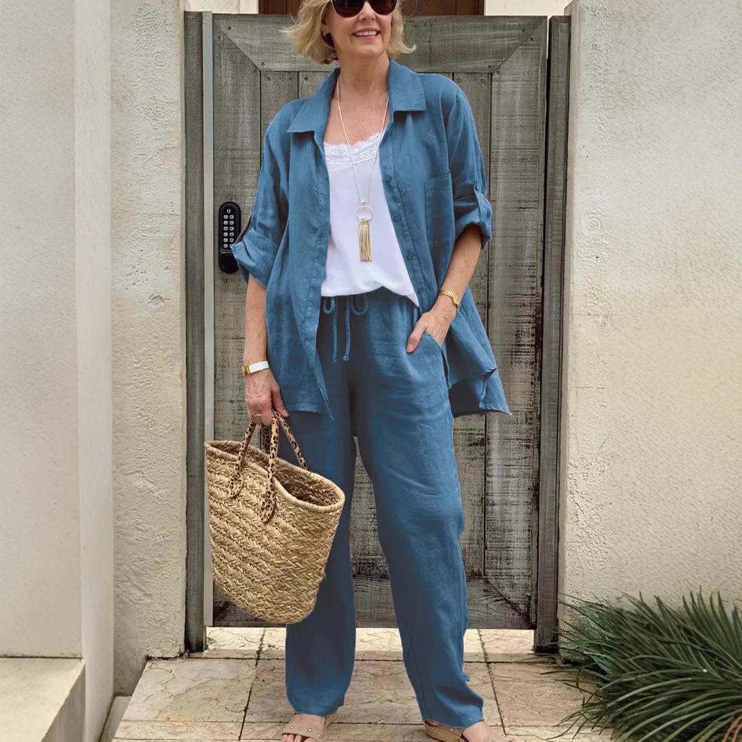 

Летний женский повседневный комплект из однотонной рубашки и топа, женский модный топ с длинным рукавом и пуговицами, широкие брюки, комплект из двух предметов XXXXXL синий