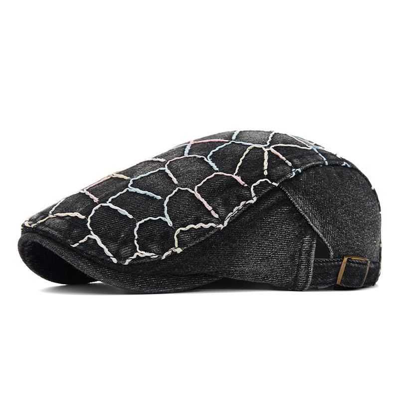 Spring Summer Newsboy Hat Women Sequins Embroidered Flower Beret Denim Retro Progressive Hat