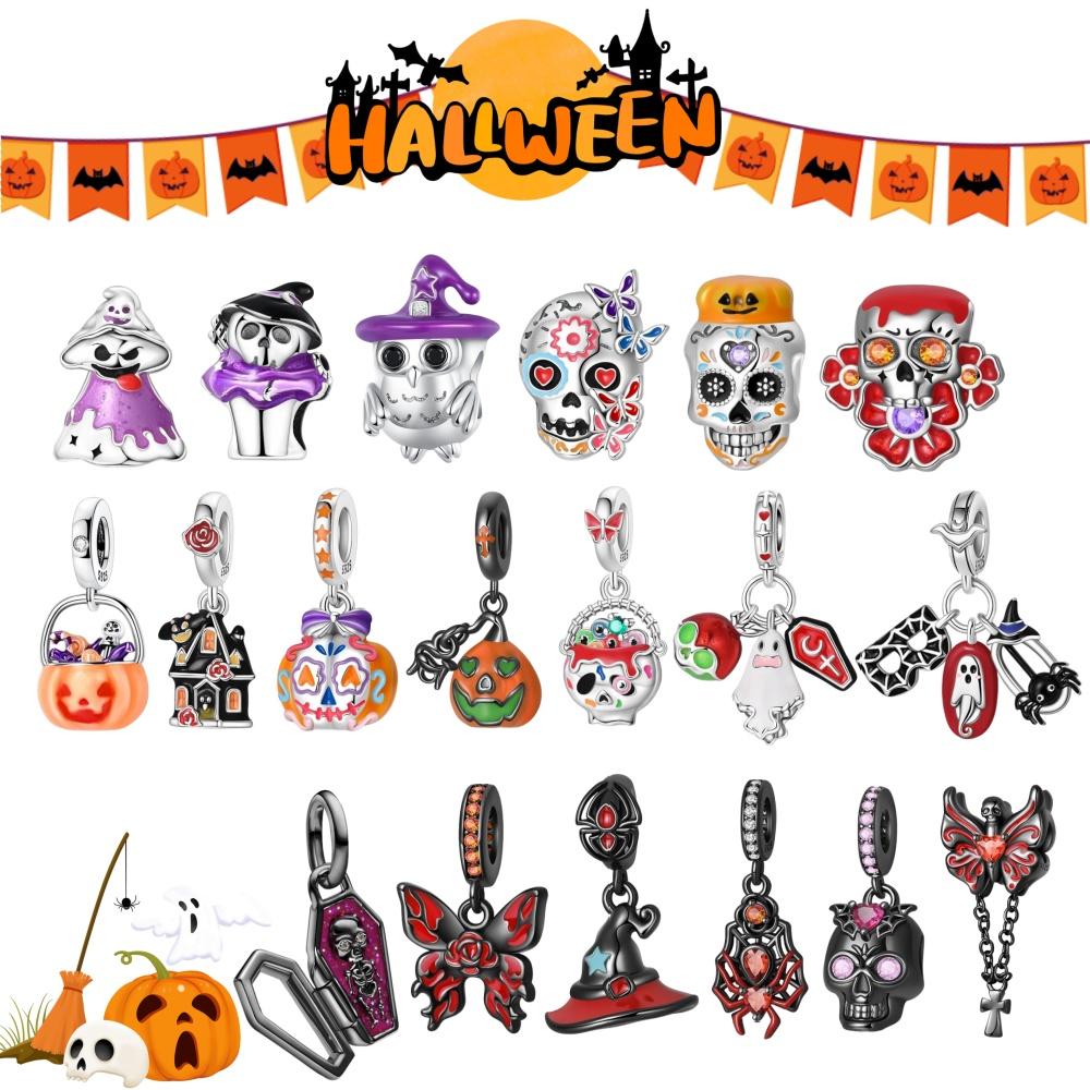 2025 Halloween Party Charms 925 Sterlingsølv Selvlysende Gresskar Spøkelse Flaggermus Perle Hengende Armbånd Halskjede DIY Smykker Festgave