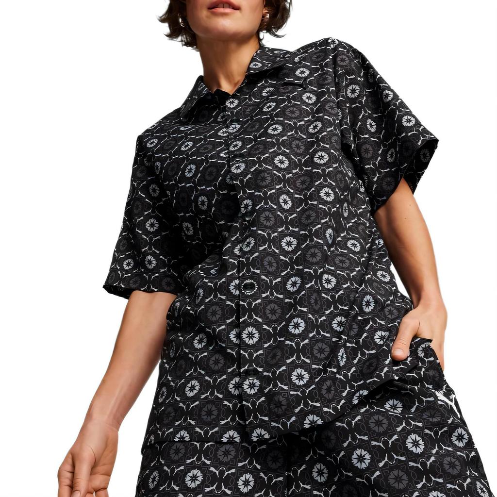 Puma Classics New Prep All-Over Print Fashion Versatile Soft Skin-Friendly Short Sleeve Shirt Unisex Shirts Black 627873-01
