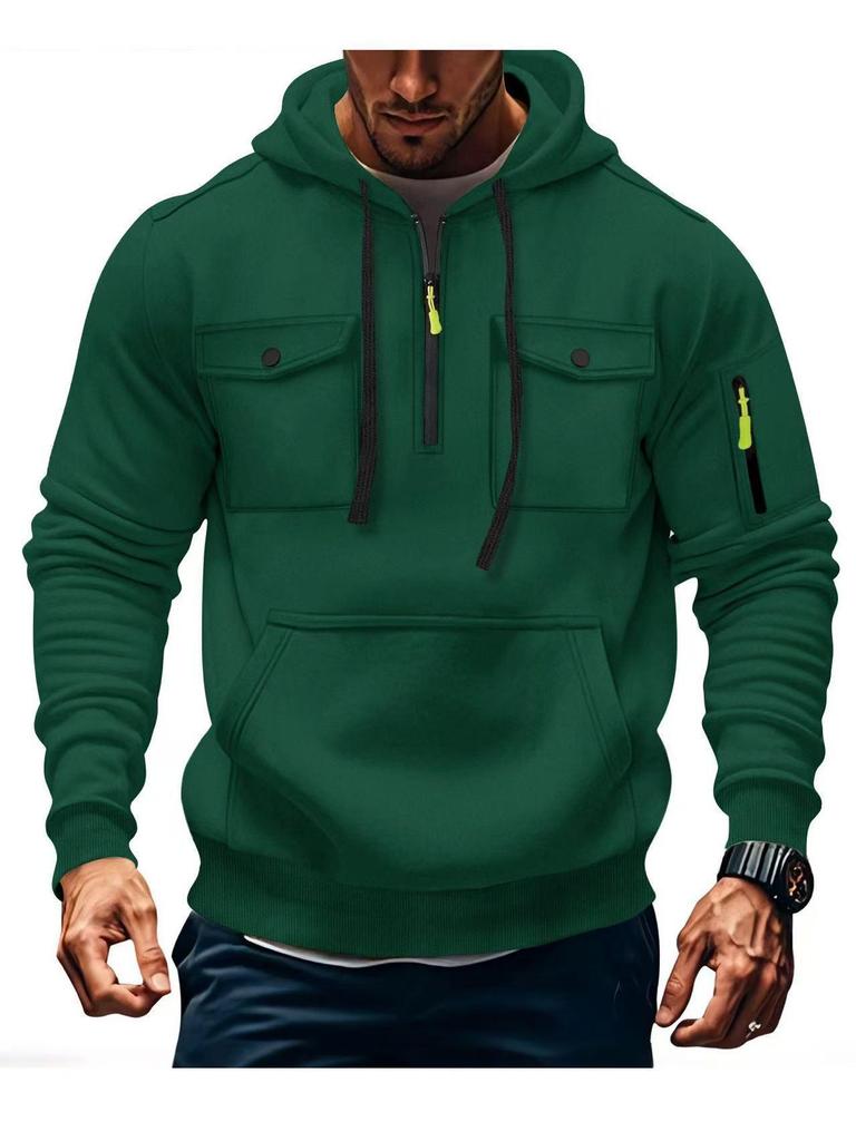 Men's Multi-Pocket Fleece Lined Hoodie Jacket - Casual and Versatile for Autumn/Winter