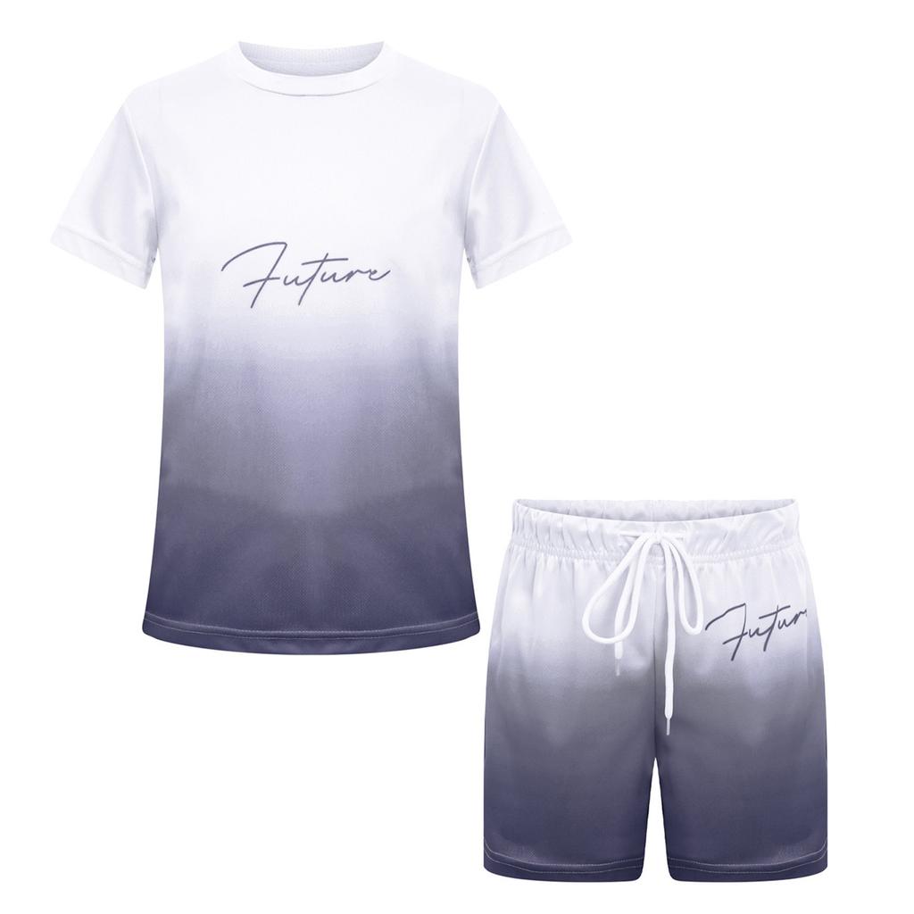Boys Letter Print Gradient Sports Set Quick Drying Short Sleeve T-Shirt Drawstring Elastic Waist Shorts