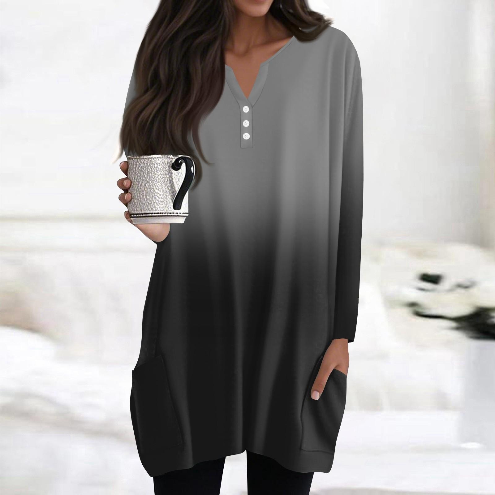 

Womens Tops V-neck Button Long Sleeve Blouses Casual Mid-length Shirts Fashion Print Tunic Tops With Pockets S чорний