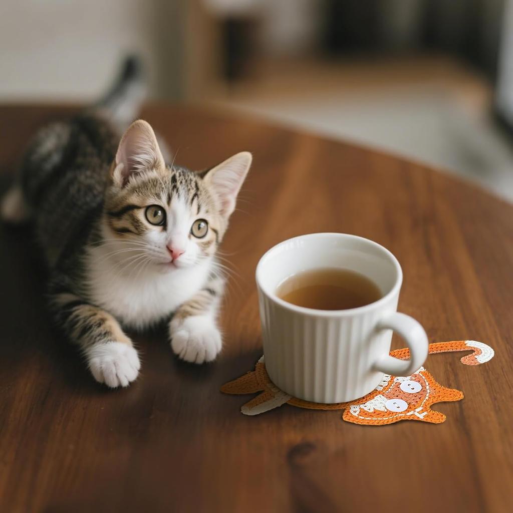 Cat Coffee Coasters Set of 3,Woven Cat Drink Mats, Funny Handmade Home Decorations Tabletop Protection