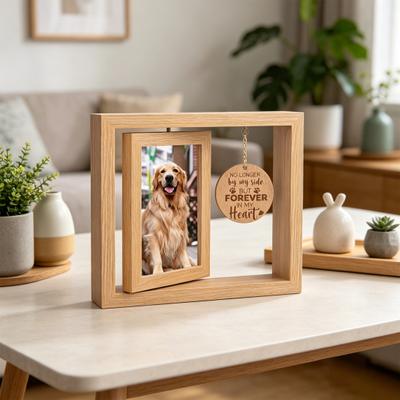 Pet Memorial Wooden Photo Frame, Rotatable Dog Cat Picture Display Frame, Desktop Decorative Photo Holder for 4x6-Inch Photos