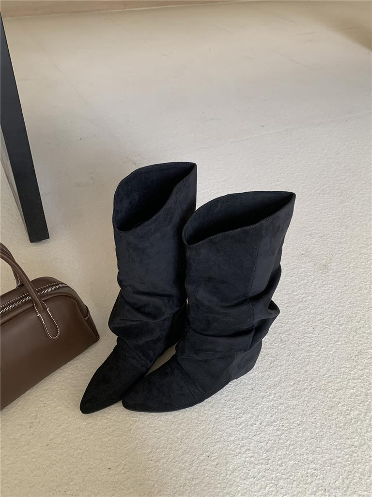 Inner Heightening Suede Pleated Stacking Boots Women's 2025 Autumn and Winter New Pointed Western Cowboy Boots Lapel Mid Boots Women