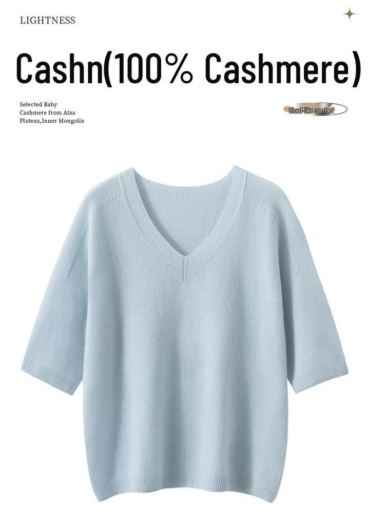 Pure Cashmere Women's Seamless V-Neck Short Sleeve Knit Top