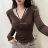 Lace Splicing V-Neck Long-Sleeve Thermal T-Shirt for Women - Autumn/Winter 2025 Fashion Style.