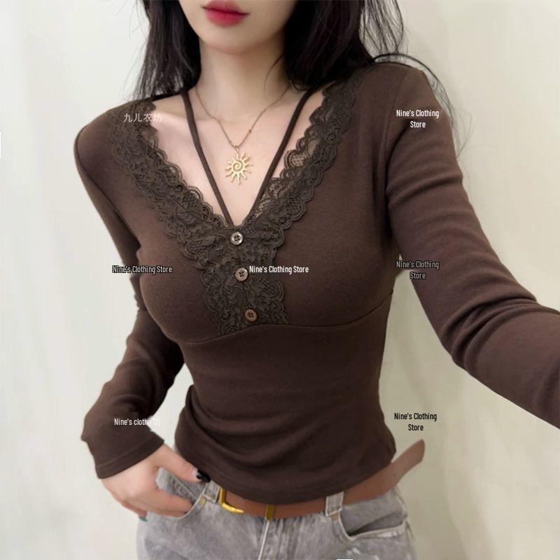

Lace Splicing V-Neck Long-Sleeve Thermal T-Shirt for Women - Autumn/Winter 2025 Fashion Style. M кавовий