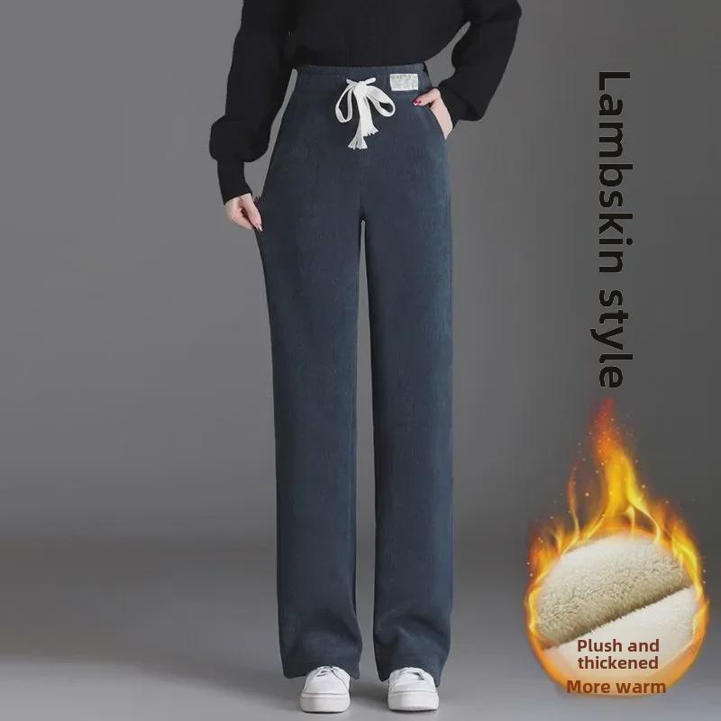 Women's Lambskin Wide-Leg Chenille Corduroy Pants with Velvet Lining - Warm, Thick, Plus Size for Autumn and Winter.