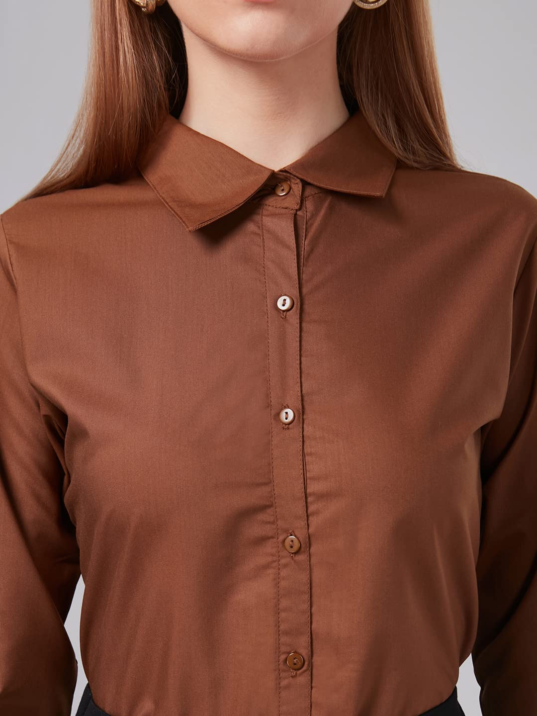 Style Quotient Women Solid Camel Polycotton Regular Formal Shirt M