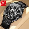 OLEVS 6685 OEM Custom Logo Relogio Luxuriös Skelett Durchbrochen Luminous Sport Echtsleder Automatisch Mechanische Uhr für Mann