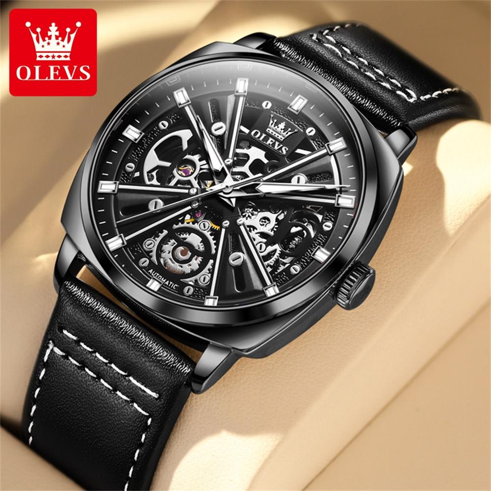OLEVS 6685 OEM Custom Logo Relogio Luxuriös Skelett Durchbrochen Luminous Sport Echtsleder Automatisch Mechanische Uhr für Mann