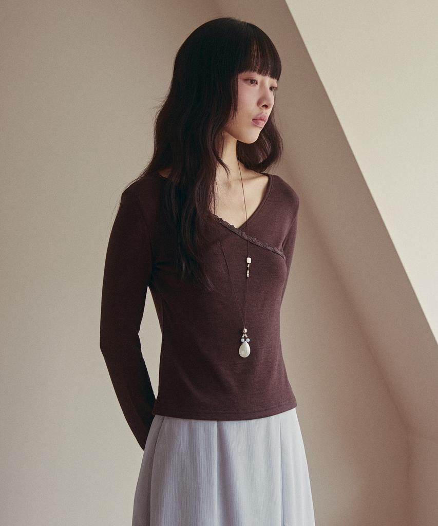 OUEL Lace Trim Jersey Top_Brown